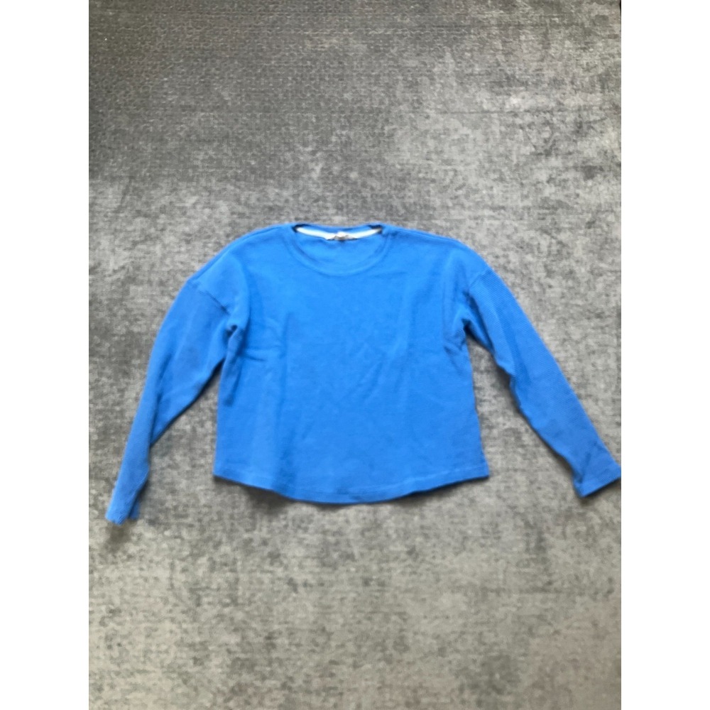 Boden Cropped Top Women Small Blue Cotton Thermal Waffle Knit Long Sleeve Casual